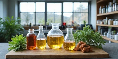 A laboratory setting with natural plant extracts and scientific equipment, symbolizing careful crafting and research