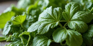 Close-up of vibrant, healthy green leaves and herbs, symbolizing pure and natural ingredients