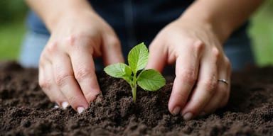 Hands gently planting a small seedling in rich soil, symbolizing sustainability and growth