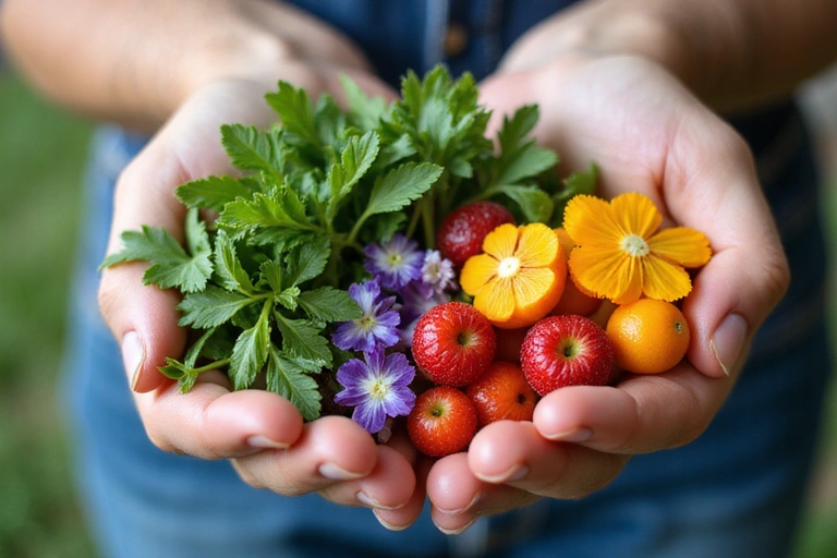 Hands gently holding a variety of fresh, vibrant natural ingredients like herbs, flowers, and fruits, symbolizing care and natural purity