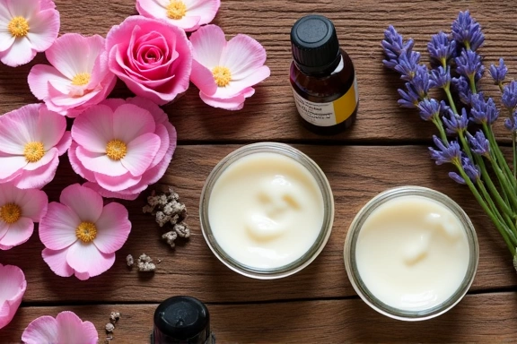 Natural skincare ingredients on a wooden table