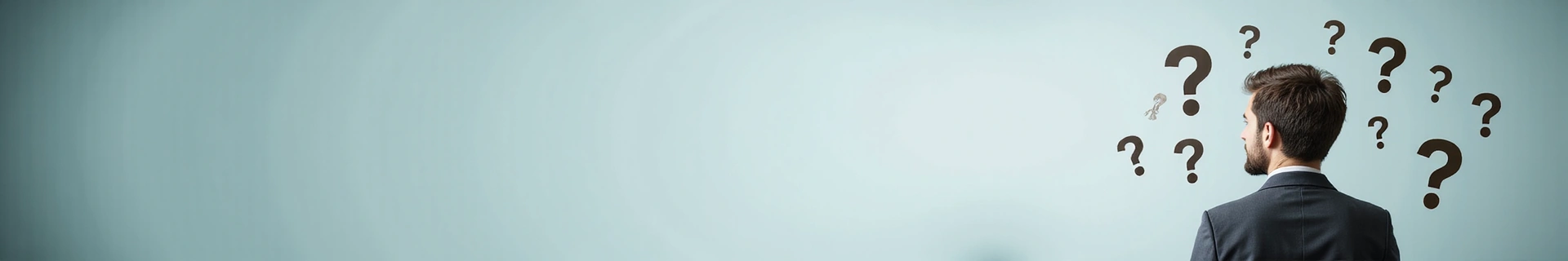 Background image with question marks and a thoughtful individual representing frequently asked questions.