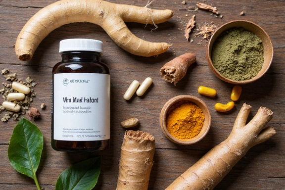 Assortment of natural ingredients and supplements for men